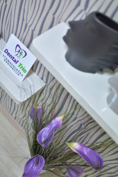 Karton sa logom Dental Trio i ljubičasti cvetovi